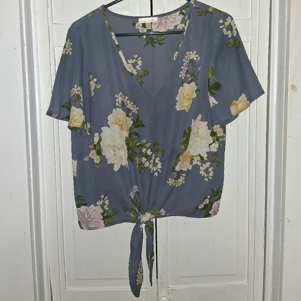 Nine Britton Blue Floral Tie-Front Blouse